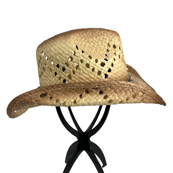 Western Woven Straw Cowboy Hat Turquoise Beaded Band Cutout Design Unisex OS - Picture 7 of 7